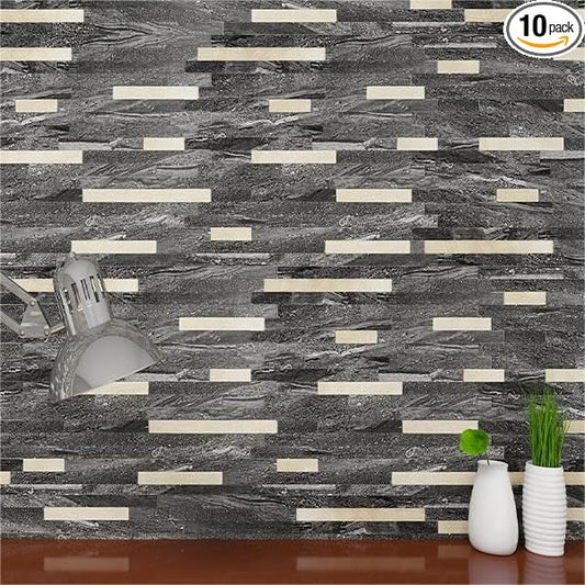 KASARO Peel and Stick Marble Backsplash Tile, 10 Sheets, Black Marble with Vintage Golden Stripes, Self-Adhesive Wall Tile for Kitchen, Bathroom, Fireplace, RV (11.4” x 10.6”) by KASARO