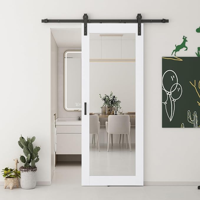 JUBEST 32x84 in Mirror Barn Door and 5.5FT Sliding Door Hardware Kit Included, White Full Length Mirror, Solid Wood Panel Covered with Water-Proof PVC Surface, No Assembly Required by JUBEST