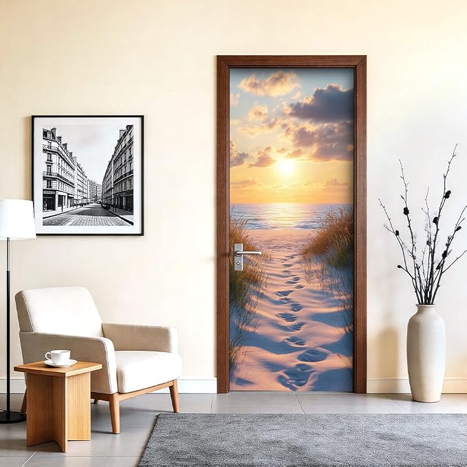 Sunset Beach Door Mural, Coastal Ocean Path Door Cover | Waterproof PVC, 30.3" W x 78.7" L; sunset beach scene for bedroom, entryway, office or closet doors. - Image 5