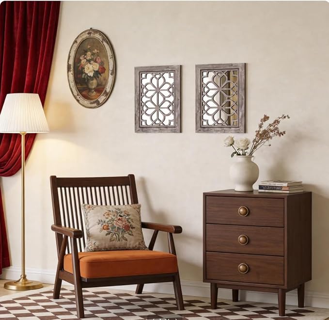 Set of 2 13x17 Inch Rectangular Shatterproof Decorative Wall Mirrors, Boho Farmhouse Rustic Vintage Grey Accent Mirrors for Living Room, Bedroom, Entryway & Home Wall Decor（Brown） - Image 5