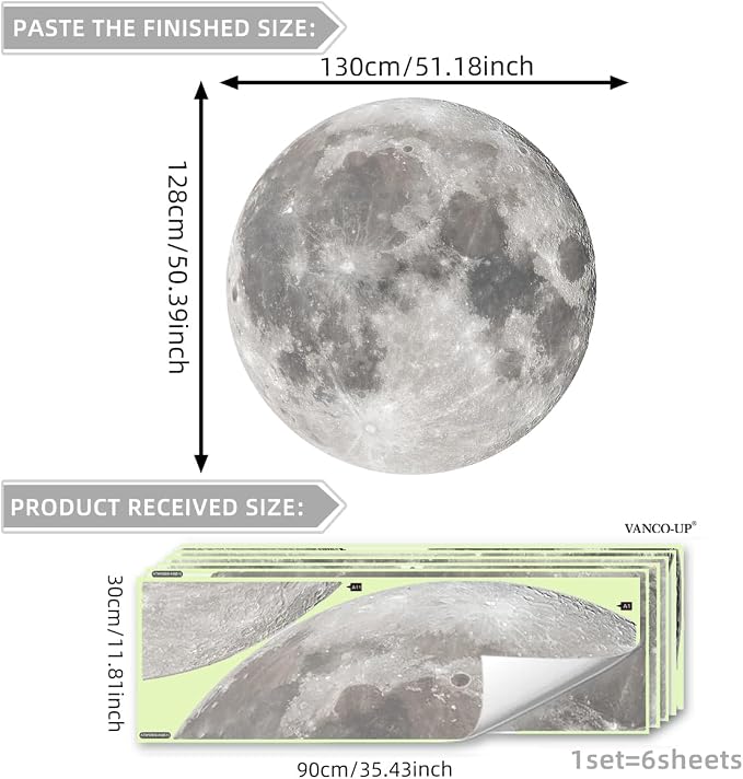 Vancoup 6 Sheets Huge Glow in The Dark Green Moon Wall Stickers Home Decor | Luminous Full Moon Decals Peel & Stick Wall Decor for Kids Room Bedroom Living Room(51.18 inches × 50.39 inches) - Image 6
