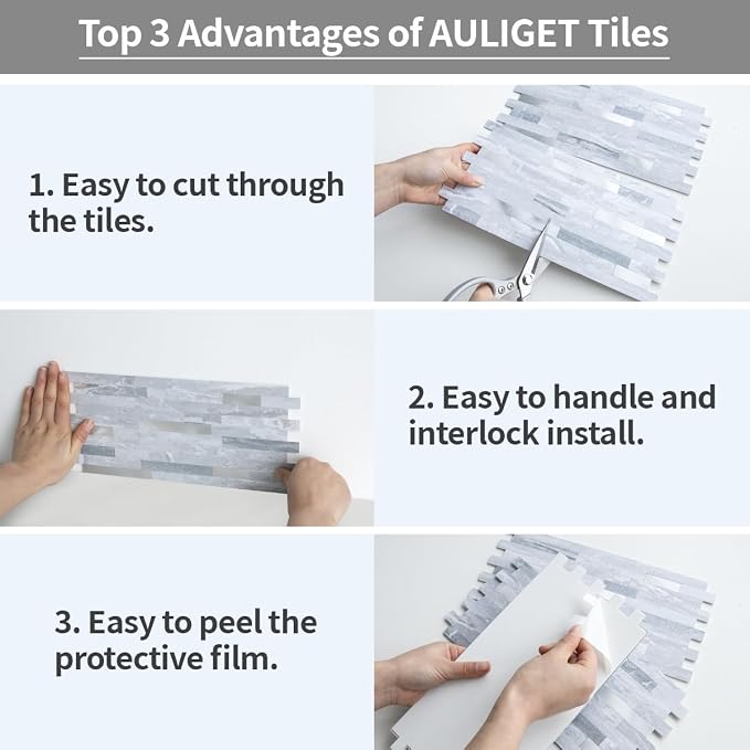 AULIGET 20 Sheets Faux Stone Peel and Stick Backsplash, Light Grey Marble Look PVC Mixed Metal Wall Tiles Stick on Backsplash for Kitchen - Image 4