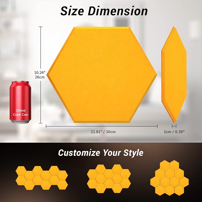 12 Pack Hexagon Acoustic Panels, TONOR 12"x 10"x 04" High Density Sound Proof Panels for Walls, Sound Dampening Insulation Treatment Foam Panel, Sound Absorbing Padding for Studio, Office, Home Yellow - Image 5
