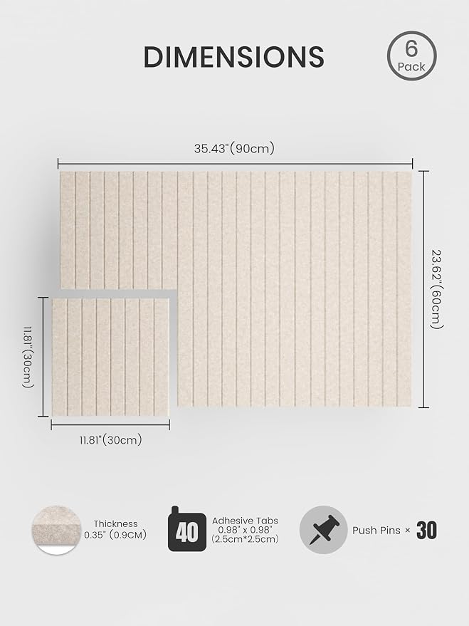 Bumusty 36"x 24" Large Felt Bulletin Board Tiles,Oatmeal | 6-Pack Cork Board Alternative, Wall Decor, 30 Pushpins, 30 Adhesive Tabs, Vision Board, Office, Classroom, Home, Dorm - Image 2