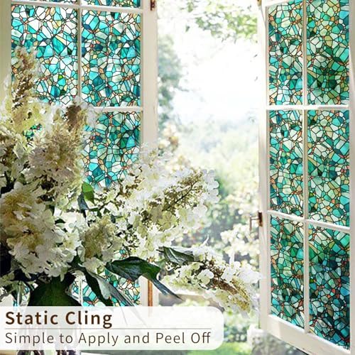 funlife Original Hand-Drawn Privacy Stained Glass Window Film, Single Sided Static Cling Window Cling Suitable for Entryway, Reusable Glass Windows Door Decor, 29.53"x118", Spring Pine Cobblestones - Image 5