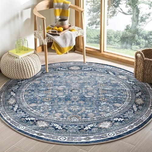 OPPODREAM Vintage Blue Area Rugs 5' Round, Washable Rug for Living Room by OPPODREAM