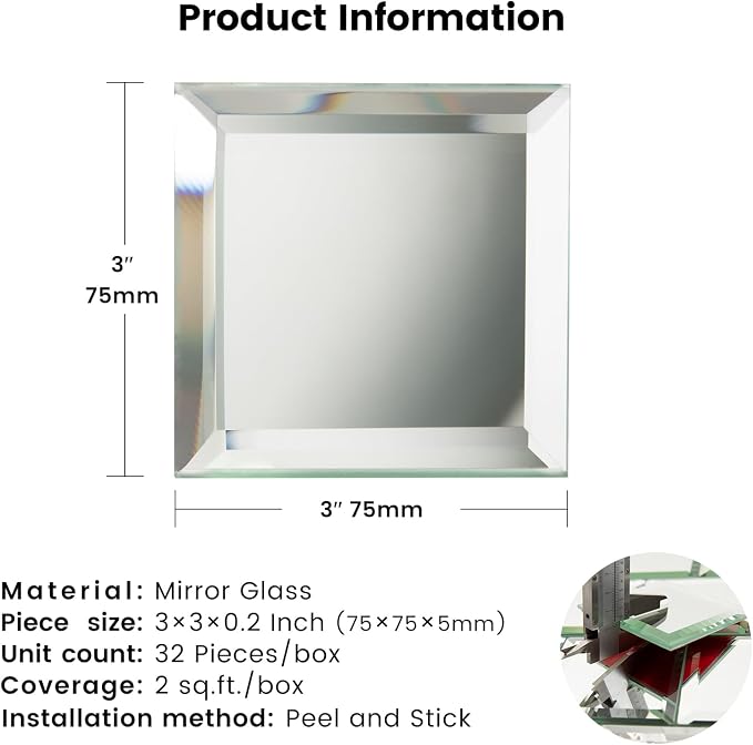 Peel and Stick Mirror Tile 3 x 3 Inch Beveled Square Silver Mirror Glass Tiles for Kitchen Backsplash Bathroom Wall（32 Pcs） - Image 3