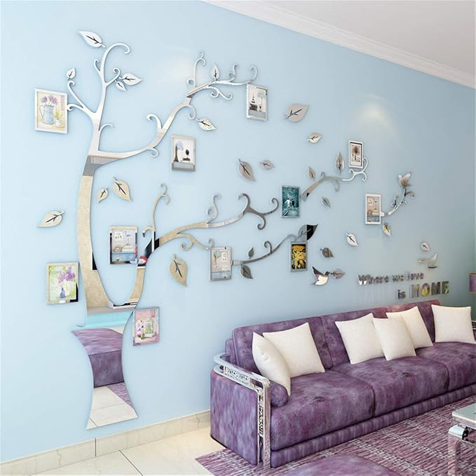 3D Tree Wall Stickers - DIY Photo Frame Tree Wall Decal Family Photo Frame Sticker Murals Wall Decor Living Room Bedroom TV Background Home Decorations (L:91 * 69in,Silver Right) by guangmu