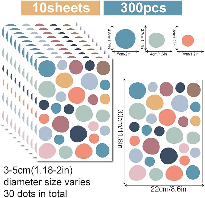 300 Pcs Unique Removable Boho Soft Color Polka Dots Wall Decals Set | 10 Sheets Waterproof Peel & Stick Matte Dots Vinyl Stickers for Bedroom, Living Room & Accent Wall Decor(Mixed Size 1.2–2 in) - Image 2