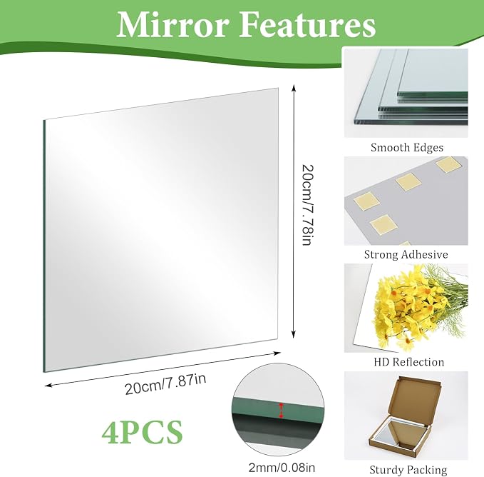 8 x 8'' x 4Pcs Glass Square Mirror Sheets for Wall Decor, 2mm Thick - Image 2