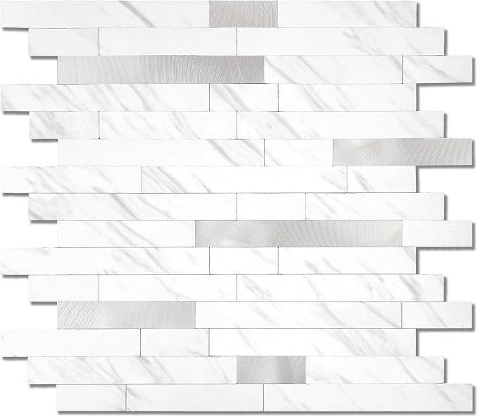 Yipscazo 10 Sheets Peel and Stick Stone Metal Tile Backsplash, Stick on Tiles for Backsplash Kitchen, Bathroom, Laundry Room, Camper, Fireplace (12'' X 12'', White Stone with Metal) by Yipscazo