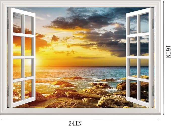 Fake Window Wall Sticker- Sunset Beach Seascape Open Wall Art Decal | Faux Window Ocean Natural Scenery Landscape Mural｜Stick and Peel Wall Decals｜Room Bedroom Office Scene Picture Decor｜24"x16" - Image 4