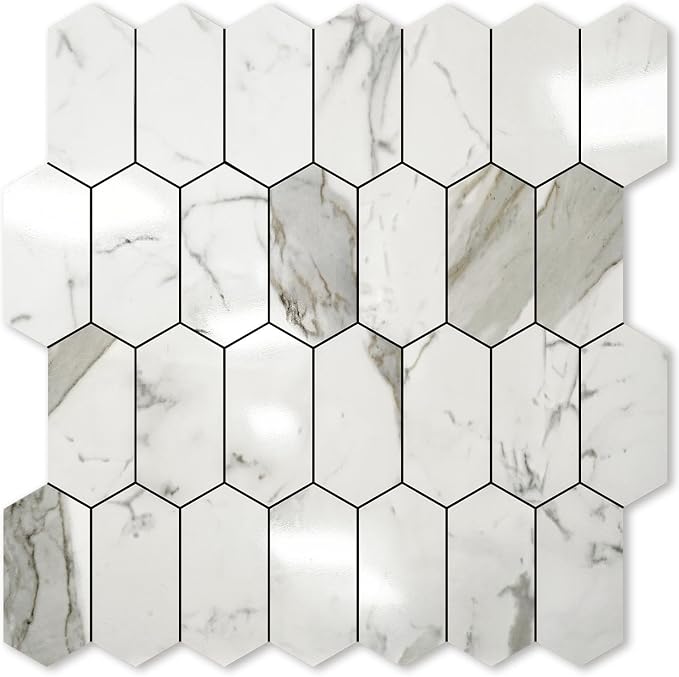 Vamos Tile Long Hexagon Peel and Stick Backsplash Tile - 10 Sheets Stick on Backsplash for Kitchen and Bathroom 12.4 x 12 Inch Glossy Carrara White PVC Self Adhesive Mosaic Wall Tiles by VamosTile