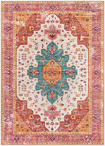 Moynesa Ultra-Thin Washable Vintage Area Rug - 5x7 Large Bedroom Boho Non-Slip Non-Shedding Living Room Mat Oriental Medallion Floor Carpet for Kids Nursery Room Office, Pink/Teal/Multi - Image 6