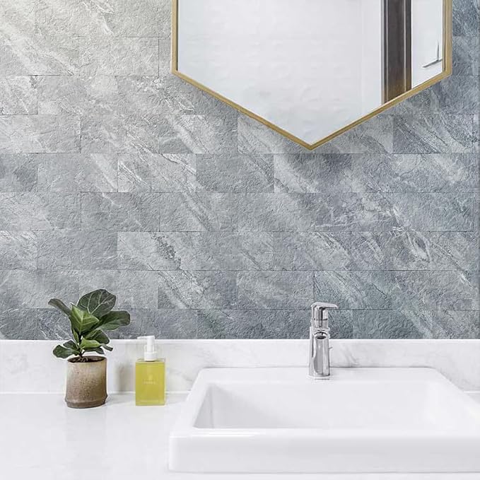 AULIGET 100-Piece Peel and Stick Backsplash Wall Tiles, 3" x 6" PVC Grey Marble Faux Stick on Tiles for Backsplash Kitchen, Bathroom, Laundry Room, Camper, Fireplace - Image 4