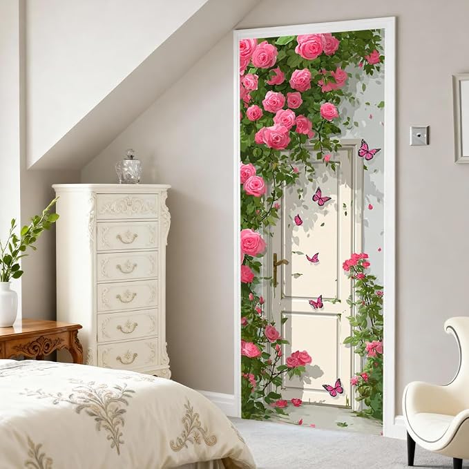 Rose Garden Door Mural, Pink Floral Gate Butterfly Door Cover | Waterproof PVC, 30.3" W x 78.7" L; pink rose garden design for bedroom, entryway, living room or closet doors. - Image 6
