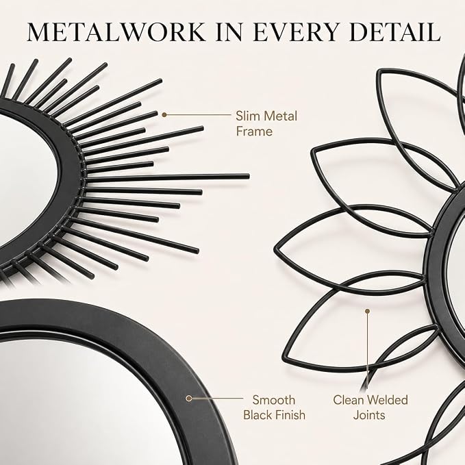 Black Sunburst Mirror 14x14 Inch, Decorative Wall Accent with Metal Frame, Small Sun Mirror for Living Room, Bedroom, Entryway, Hallway, Boho Modern Home Decor - Image 2