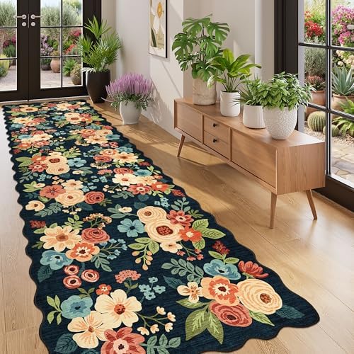 DUKINO 3x10 Runner Rug, Non Slip Floral Washable Rug for Hallway, Navy Blue - Image 3