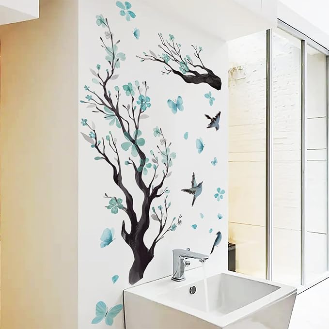 Watercolor Blue Flower Wall Stickers,Removable DIY Romantic Blossom Bird Tree Branch Wall Murals 3D Wall Art Stickers Home Decor for Gilrs Bedroom Nursery Rooms Living Room - Image 3
