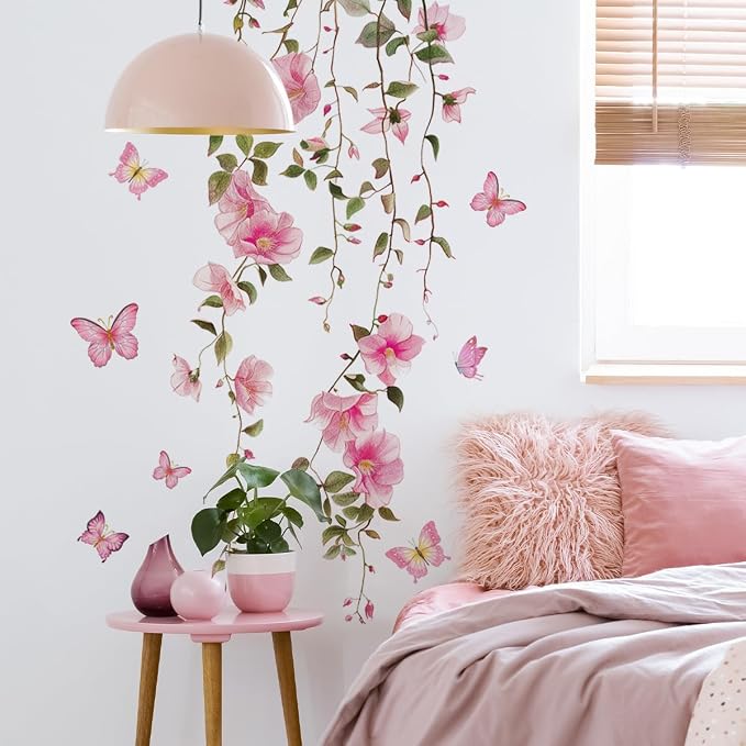 Spring Pink Flower Wall Decals Peel and Stick Hanging Vine Floral Wall Stickers Decor Removable Wall Murals for Girls Bedroom Living Room Nursery Vinyl Cherry Blossom Wallpaper - Image 2