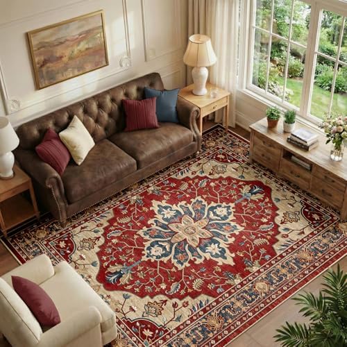 RELEANY Washable Area Rug, 6'x9', Red/Blue by RELEANY