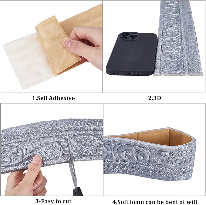 CRASPIRE 82 x 3 Crown Molding Peel and Stick 3D Flexible Foam Wall Trim Silver Self Adhesive Wallpaper Border Sticky Decorative Edging Baseboard Lines for Mirror Border Wall Hotel DIY Decor - Image 6