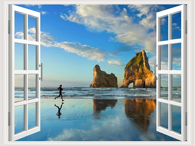 Self-Adhesive Wall Sticker Romantic Living Room Bedroom Study Office Decorative Wall Sticker Ocean Scenery Fake Window Sticker Mural (17.3"×27.6", Early Morning Beach) by THNWSY