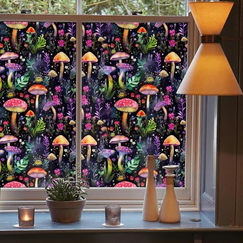 Dark Black Purple Pink Red Mushroom Flowers Stained Glass Window Films Decorative Double-Side Privacy Film Self-Adhesive Static Glass Clings for Living Room Bathroom Decor - Image 3