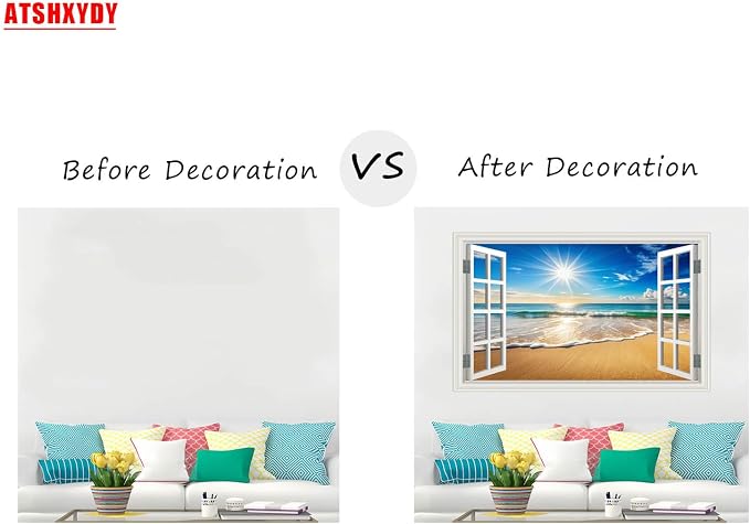 Fake Window Wall Decals Beach Ocean Sea Faux Window Wall Sticker Art Picture Poster Coastal Room Decor, Stick and Peel Landscape Natural Scenery Sunrise Seascape Scene Mural（48"x32"） - Image 4