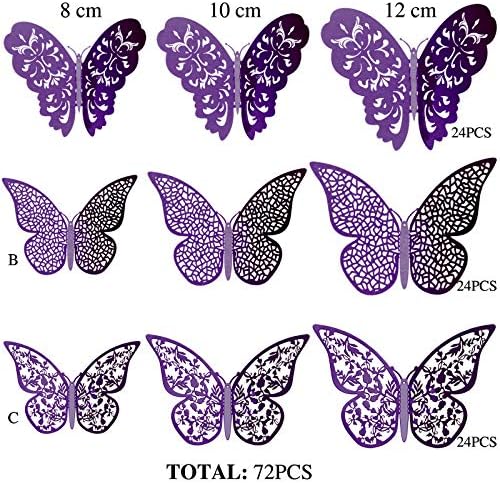 Bememo 72 Pcs 3D Butterfly Wall Decals, 3 Sizes,Purple | Metallic Hollow Design for Bedroom Living Room, Removable Adhesive Wall Decor, Easy Peel Stick Party Decoration Stickers - Image 4