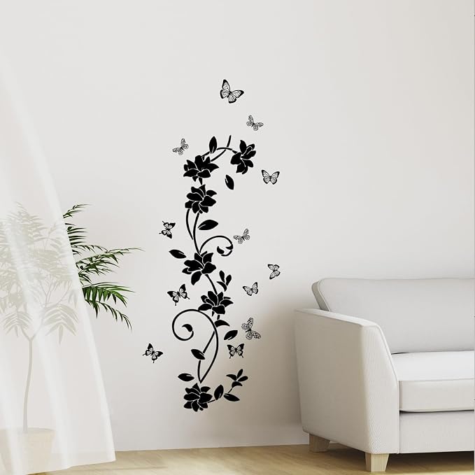 Black Flower Wall Stickers, Vines & Butterfly Wall Decals Peel and Stick | Removable Art Decoration for Bathroom Living Room Bedroom Door Murals - Image 3