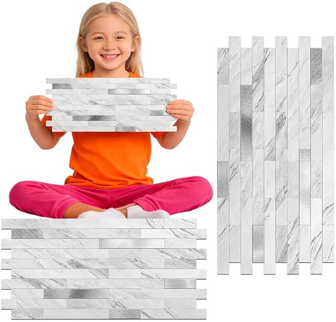 Peel and Stick Backsplash Tile Waterproof Removable PVC Wall Sticker 3D Faux Stone Marble Brick White Accent Panels (White Marble - Metal Silver, 20 Tiles - 9 sq. ft. (0.84 M²)) by KOYNSLE