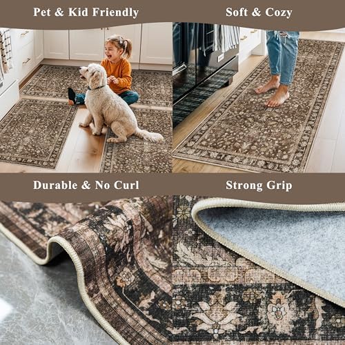Washable Non-Skid 3 Piece Kitchen Rugs Set – Modern Boho Floral Low-Pile Area Rugs and Runner for Entryway, Bathroom, Hallway – Decorative Small Indoor Rugs (Brown, 2x3+2x4+2x5) - Image 5