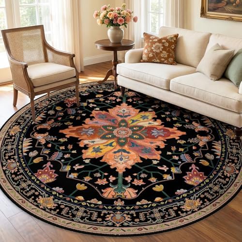 RELEANY Washable Area Rug, Round 7ft, Black/Colorful - Image 2