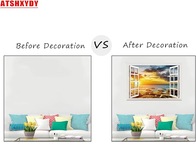 Fake Window Wall Sticker- Sunset Beach Seascape Open Wall Art Decal | Faux Window Ocean Natural Scenery Landscape Mural｜Stick and Peel Wall Decals｜Room Bedroom Office Scene Picture Decor｜24"x16" - Image 3