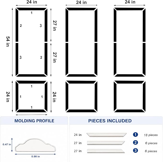 Peel and Stick Wall Molding Kit,Pre Cut Accent Wainscoting Panels,24x54in | 3 Sets,Self Adhesive,Paintable,PVC,Premade - Image 2