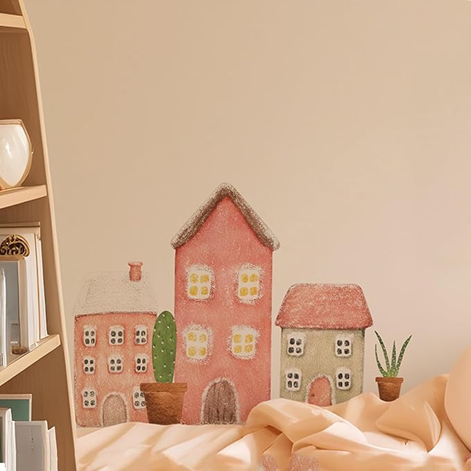 47.24×16.93in Large Nursery Wall Sticker Fairy Tale Cottage‌ Fabric,Pink Watercolor Building House Decal Peel Stick DIY Art Wall Decor for Playroom Kids Room Babyroom Gifts-1 Roll 2 Sheets - Image 2