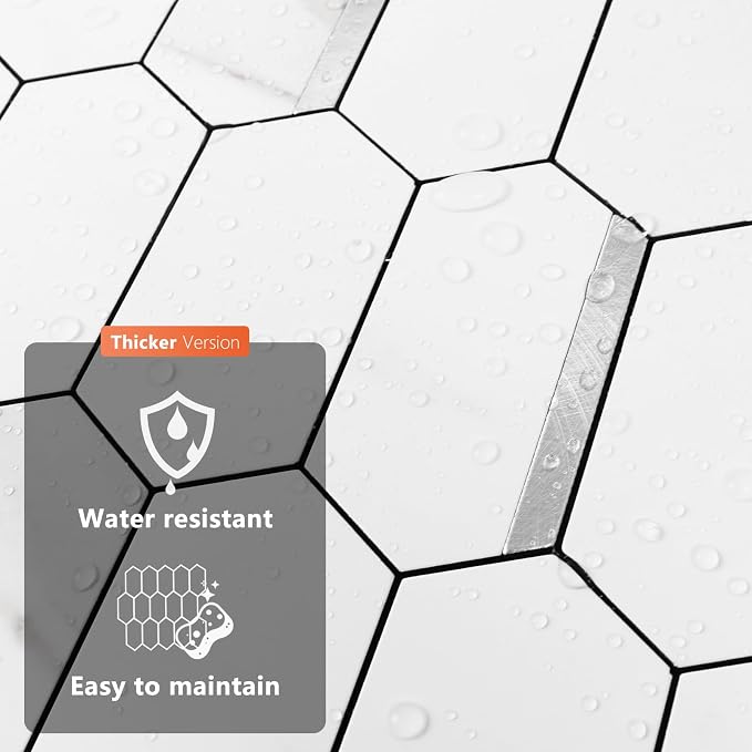 Vamos Tile Long Hexagon Peel and Stick Backsplash Tile - 10 Sheets Stick on Backsplash for Kitchen and Bathroom 12.4 x 12 Inch White Marble Look PVC Mixed Metal Silver Self Adhesive Mosaic Wall Tiles - Image 7