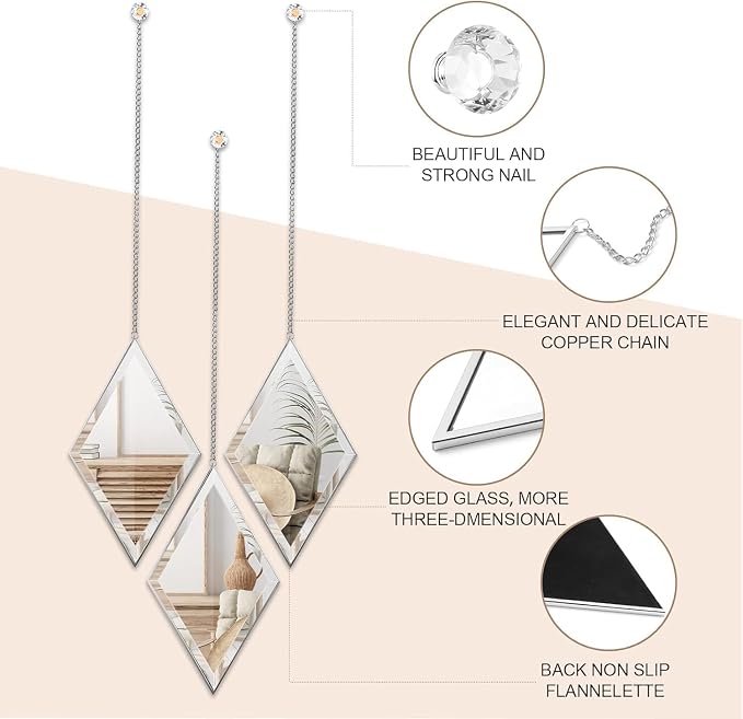 yshengood Diamond Wall Mirror Set of 6 Pcs, Silver Wall Decor Mirrors Small Glass Decor Wall Mirrors for Living Room and Bedroom Decoration - Image 5