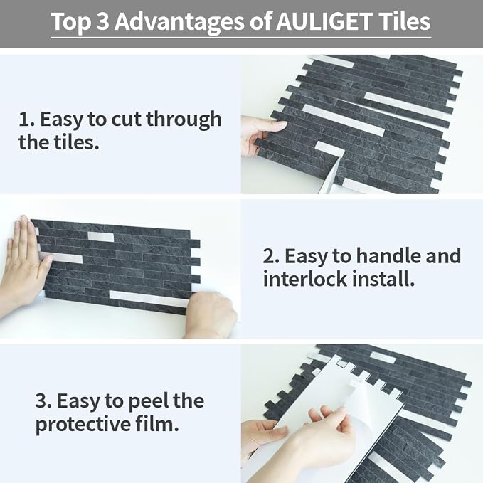 AULIGET 20 Sheets Black Slate Peel and Stick Backsplash, PVC Mixed Metal Silver Wall Tile Stick on Backsplash for Kitchen and Bathroom - Image 7