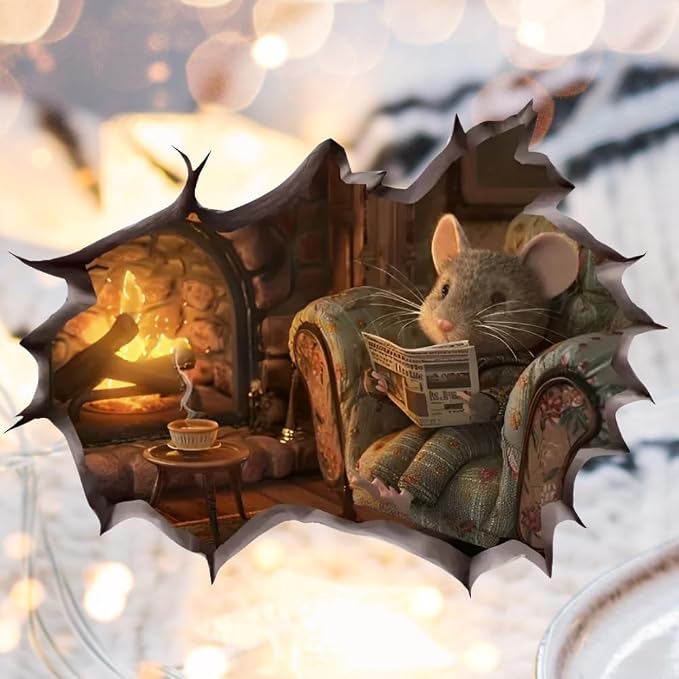 Cozy Mouse Wall Decal, 3D Fireplace Scene Decorative Sticker, Vinyl Home Decor (Cozy) - Image 4