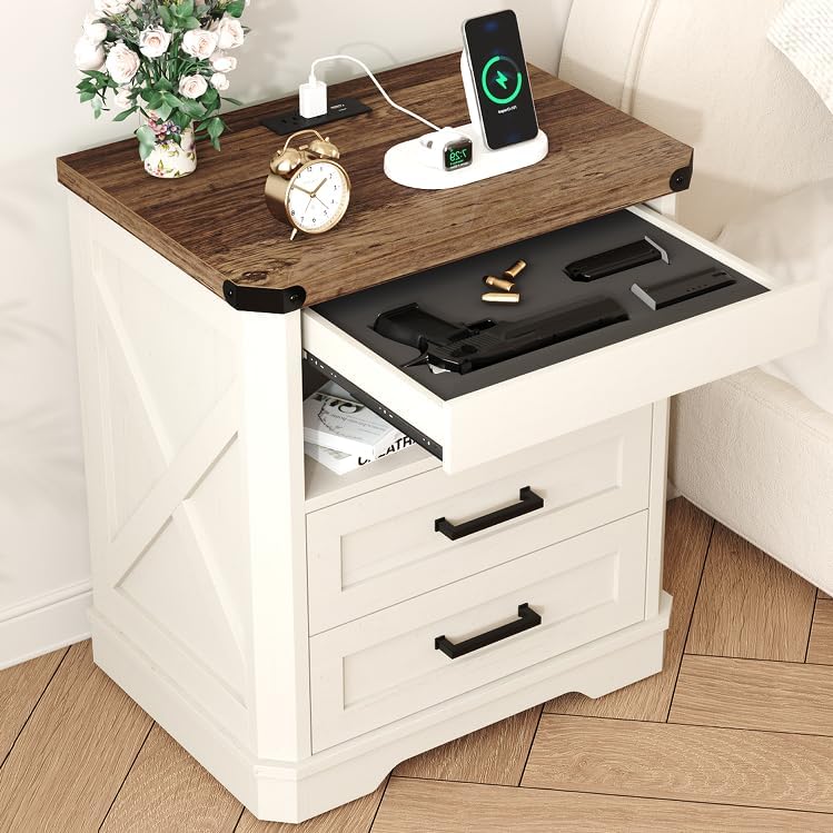 Yusong Farmhouse Night Stand with Gun Drawer & Invisible Lock, Rustic Wooden Night Stand with Charging Station, Beside Table with Drawers and Open Storage, End Tables for Bedroom, (White 004) by Yusong
