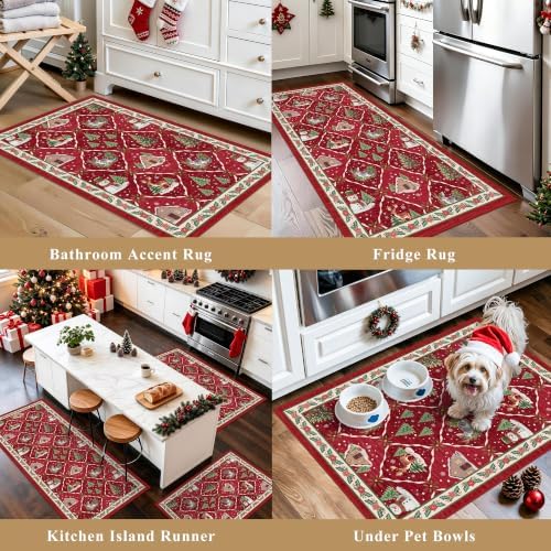 3-Piece Plaid Christmas Decorations Kitchen Rugs Set: Washable Non-Slip Kitchen Mat for Floor Soft Low Pile Modern Runner Rug for Sink Floor Mats ＆Indoor, Hallway, Entryway, (Red/Green) - Image 6