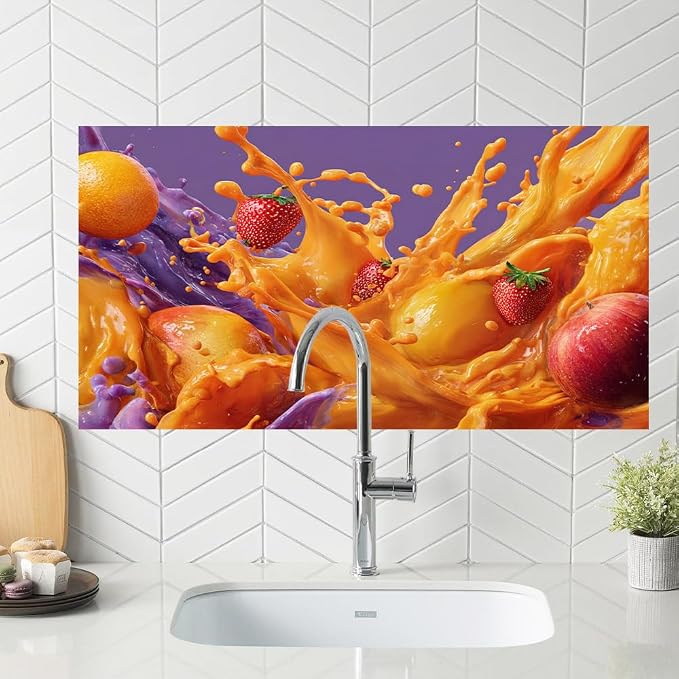 Tropical Fruit Splash Kitchen Backsplash Peel and Stick, 30x16 in | Bold mango, strawberry and orange juice splash on vivid purple background; flat 2D peel and stick; wipe clean; 30x16 in - Image 5