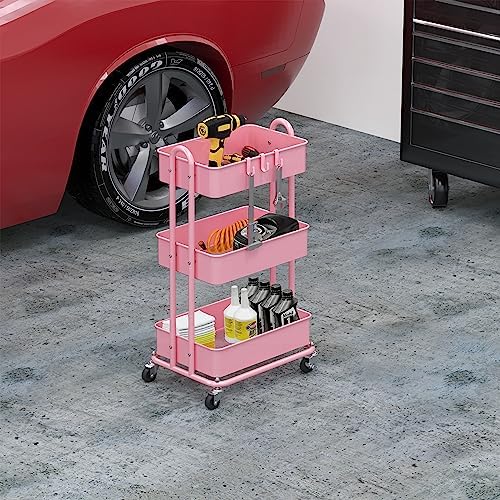 Simple Houseware 3-Tier Heavy Duty Metal Utility Rolling Cart, Pink - Image 4