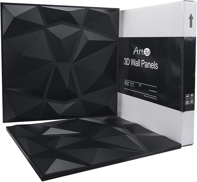 Art3d PVC Diamond Textured 3D Wall Panels, 19.7 x 19.7 in, 12-Pack, Black | Lightweight, Waterproof, No Sag and Breakage, Wipeable, Glue-On, Ideal for Living Room, Office, Kitchen - Image 3