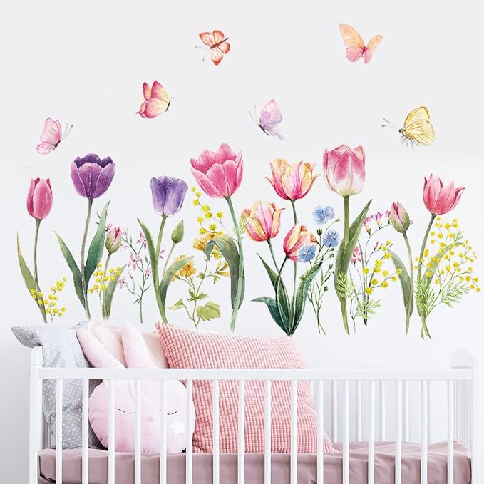 Tulip Flowers Wall Decals Watercolor Floral Butterfly Wall Stickers Colorful Flowers Wall Mural Removable Flower Peel and Stick Wall Art for Girls Bedroom Kids Nursery - Image 3