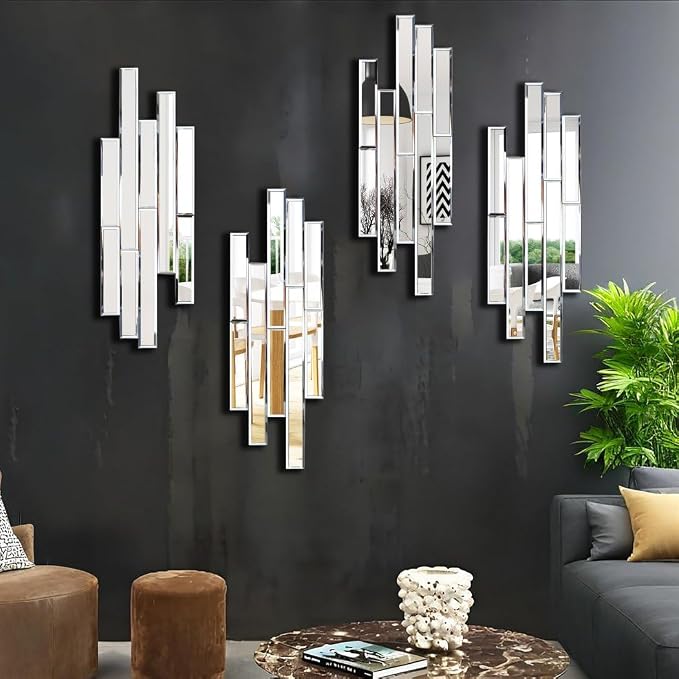 Artisan Set of 4 Silver Beveled Wall Decor Mirrors - 24x8 Inch Each, Creative Combination Design for Modern & Farmhouse Home Decor, Shatter-Resistant Glass with Wood Backing by VOHJD