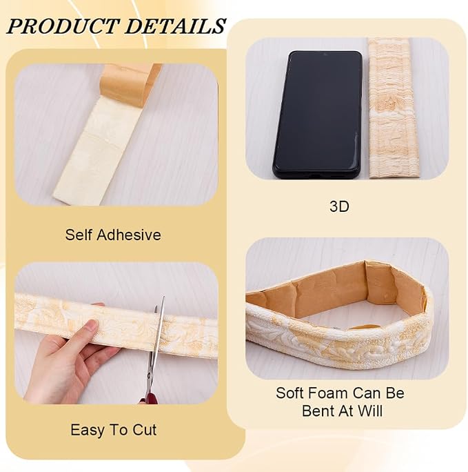 CRASPIRE 90x1.8in Peel Stick Foam Crown Molding Baseboard Trim Yellow White Marble Self Adhesive Flexible Mirror Wallpaper Sticky Border 3D Wall Edging Lines Base Baseboard for Hotel Home DIY Decor - Image 6