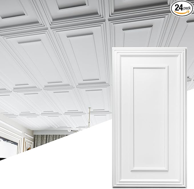 Art3d PVC Ceiling Tiles, 3D Plastic Sheet in White, 2 × 4 ft, 24-Pack | Lightweight, Waterproof, No Sag and Breakage, Compatible with Grid System, Perfect for Basement, Kitchen by Art3d